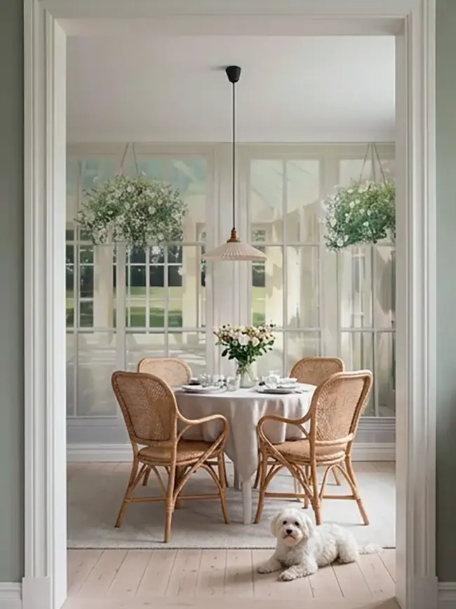 Фотообои арт:55695-2: уютная веранда в саду, залитая солнцем, с белой мебелью, подвесными цветами и видом на зеленую лужайку через большие окна. Фотообои с садовой верандой и большими окнами для кухни