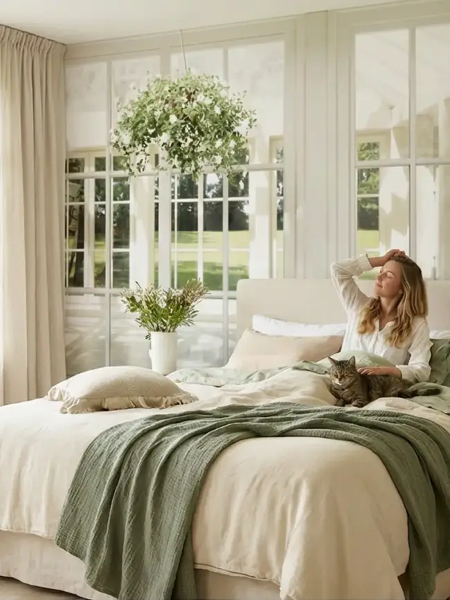 Фотообои арт:55695: уютная веранда в саду, залитая солнцем, с белой мебелью, подвесными цветами и видом на зеленую лужайку через большие окна. Фотообои с солнечной верандой в саду для спальни