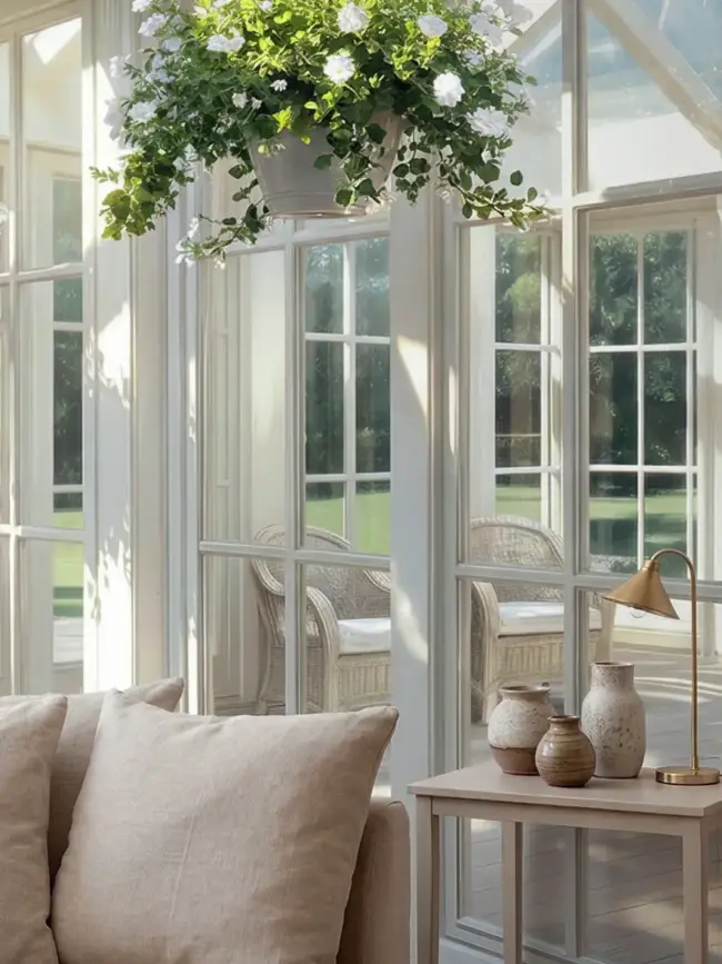 фотообои Солнечная веранда арт:55700-1 с солнечной белой верандой и панорамными окнами кадр близко