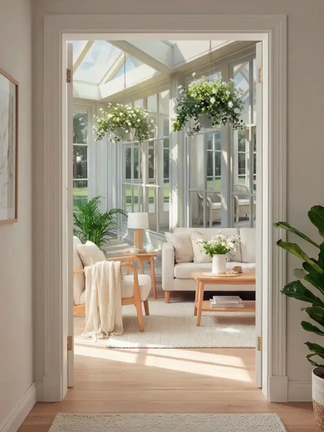 фотообои Солнечная веранда арт:55700-1 с солнечной белой верандой и панорамными окнами для гостиной