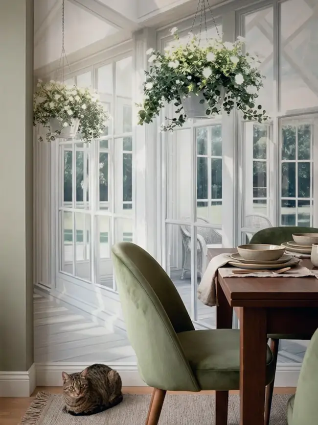 фотообои Солнечная веранда арт:55700-3 с белой верандой, окнами в сад и солнечными бликами для кухни