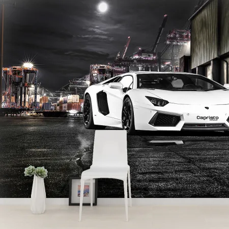 Фотообои Lamborghini Capristo в ночном городе, арт. 57246, пример фотообоев на стене