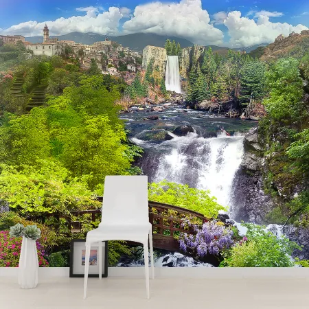 Фотообои Горный водопад, арт. 58043, пример фотообоев на стене