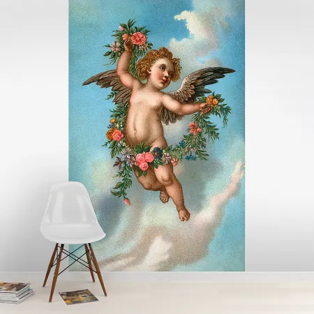 Фотообои Парящий ангелочек с цветами, арт. 58068, пример фотообоев на стене