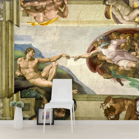 Фотообои Сотворение Адама. Микеланджело, арт. 58079, пример фотообоев на стене