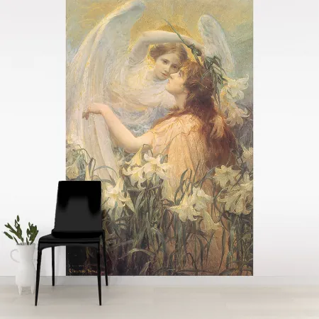 Фотообои Ангел и девушка в цветах, арт. 58090, пример фотообоев на стене