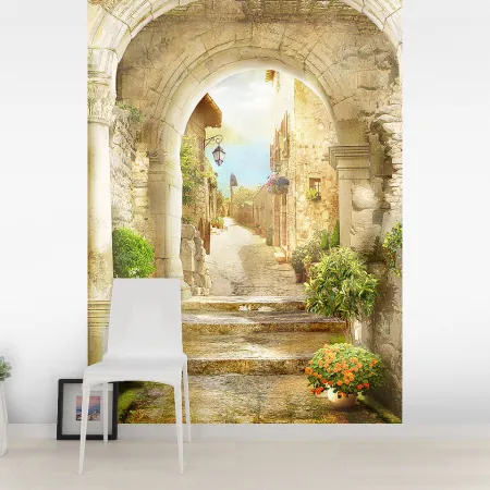 Фотообои Лестница и арка в старом городке, арт. 58173, пример фотообоев на стене