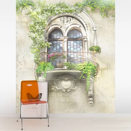 Фотообои Балкон, увитый цветами, арт. 58182, пример фотообоев на стене