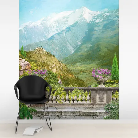 Фотообои Терраса с видом на горы, арт. 58195, пример фотообоев на стене