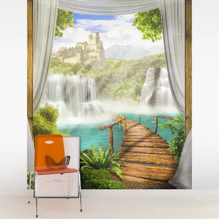 Фотообои Мостик, ведущий к водопаду, арт. 58197, пример фотообоев на стене