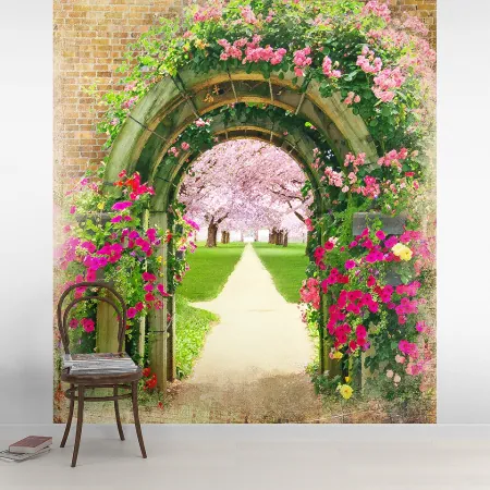 Фотообои Вход в цветущую аллею, арт. 58245, пример фотообоев на стене